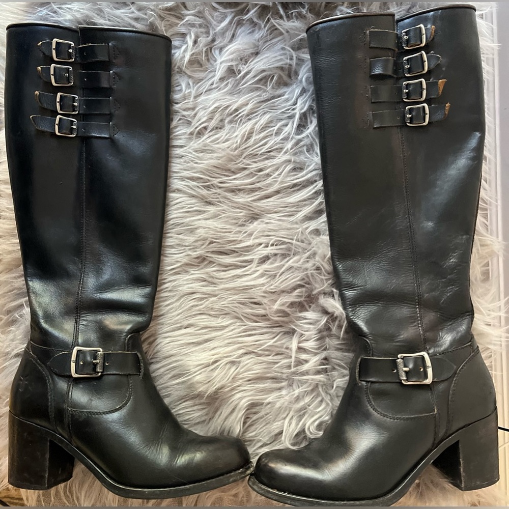 Frye Black Heeled Boots with Buckle Detail